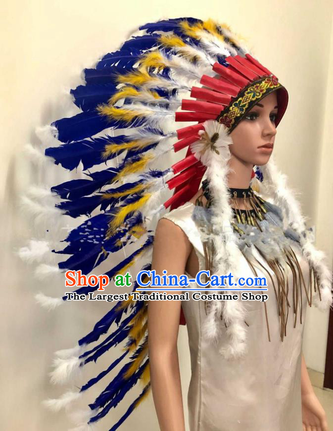 Top Stage Show Giant Hat Halloween Cosplay Indian Tribal Chief Hair Accessories Catwalks Blue Feather Headdress
