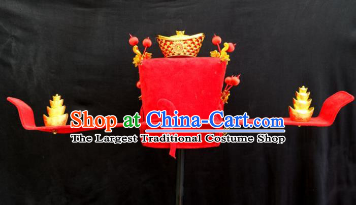 Chinese Beijing Opera Laosheng Headdress Peking Opera Royal Highness Red Hat Ancient Wealth God Headwear