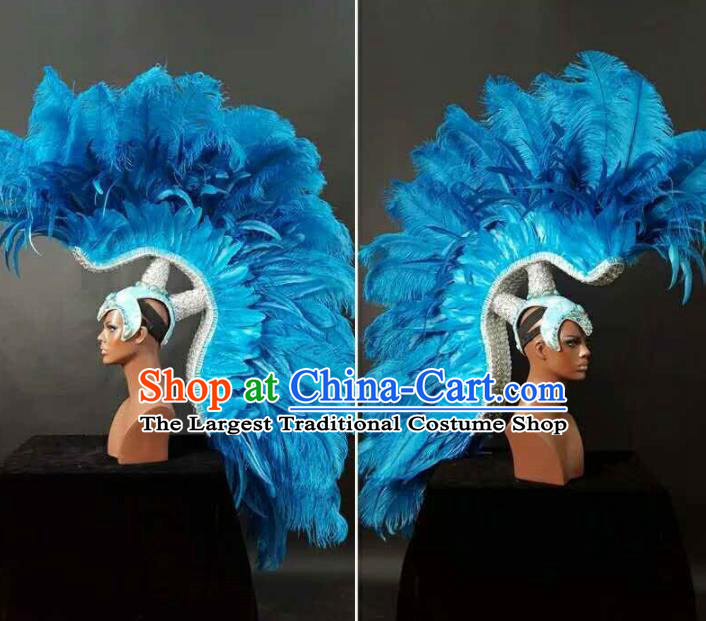 Top Carnival Stage Show Headpiece Halloween Cosplay Hair Accessories Brazil Parade Giant Headdress Catwalks Deluxe Blue Feather Hat