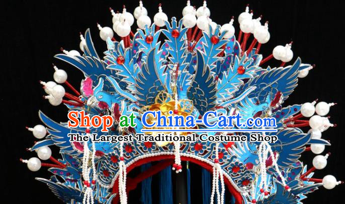 China Shaoxing Opera Empress Hat Beijing Opera Hua Tan Blue Phoenix Coronet Headdress Ancient Princess Helmet Hair Accessories