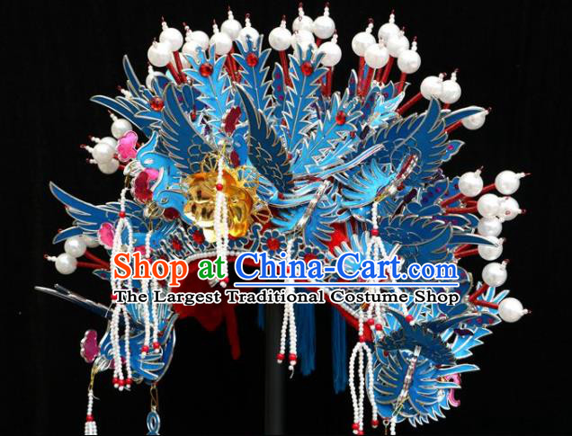 China Shaoxing Opera Empress Hat Beijing Opera Hua Tan Blue Phoenix Coronet Headdress Ancient Princess Helmet Hair Accessories