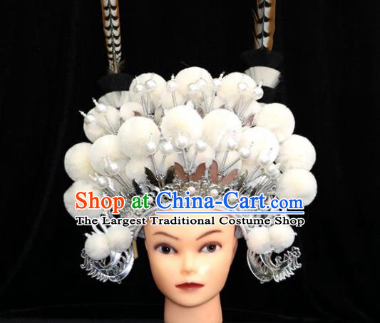 China Ancient Princess Hair Accessories Shaoxing Opera Actress White Venonat Hat Beijing Opera Hua Tan Phoenix Coronet Headdress