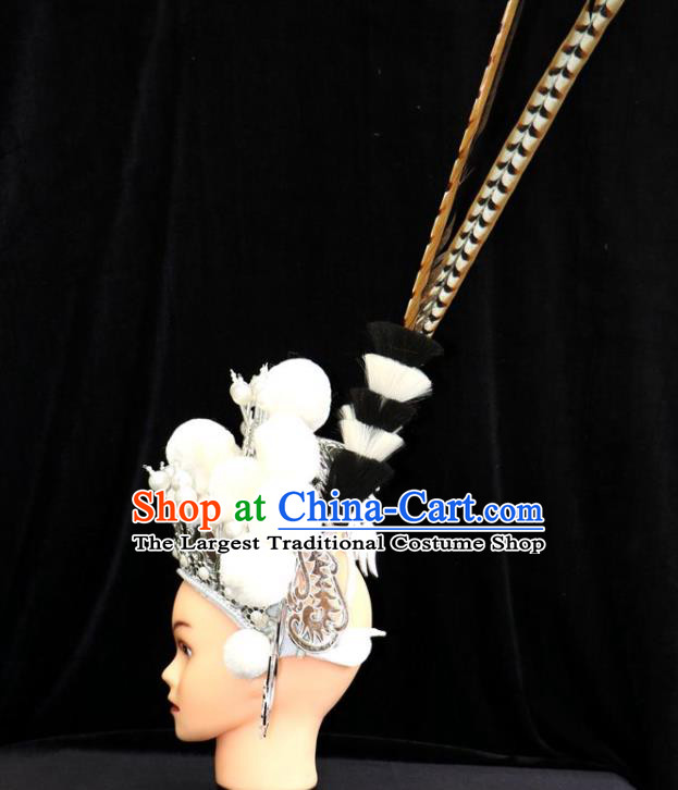 China Ancient Princess Hair Accessories Shaoxing Opera Actress White Venonat Hat Beijing Opera Hua Tan Phoenix Coronet Headdress