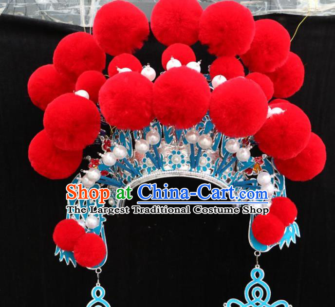 China Ancient Female General Hat Hair Accessories Peking Opera Mu Guiying Red Phoenix Coronet Beijing Opera Actress Headdress