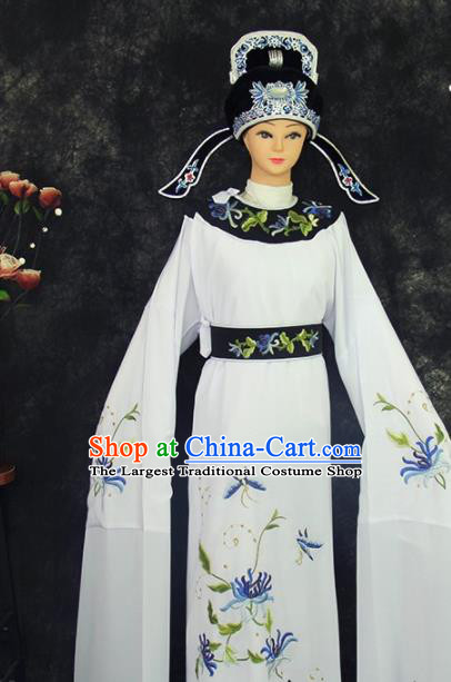 China Peking Opera Xiaosheng Clothing Beijing Opera Young Childe Apparel Shaoxing Opera Scholar Embroidered White Robe
