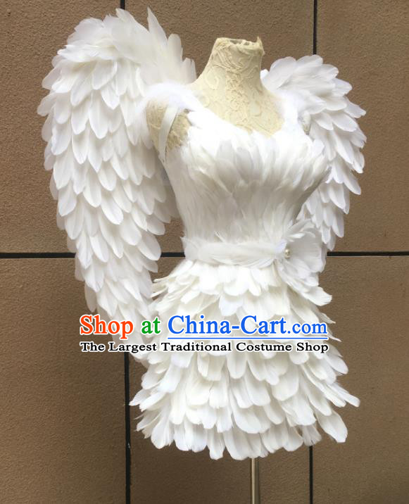 Top Miami Catwalks White Feather Dress with Wings Stage Show Costumes Samba Dance Clothing Brazilian Carnival Garments