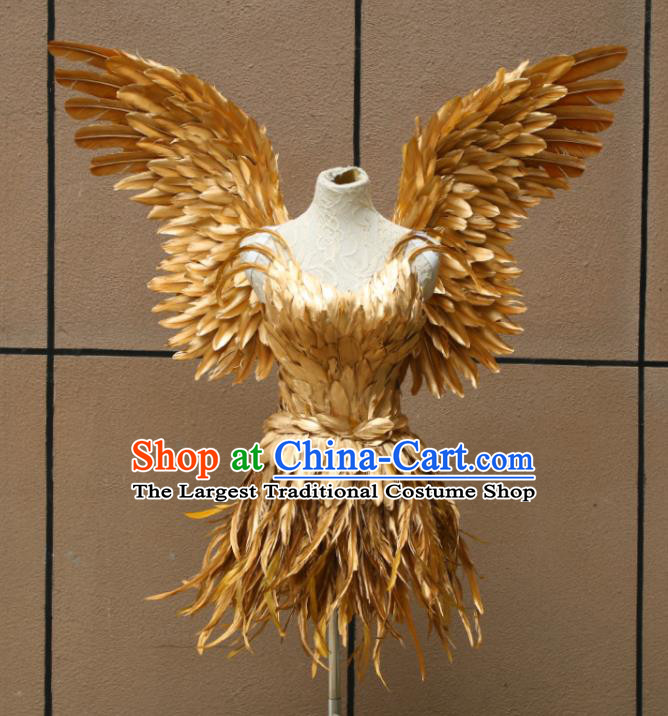 Top Stage Show Costumes Samba Dance Clothing Brazilian Carnival Garments Miami Catwalks Golden Feather Dress with Wings