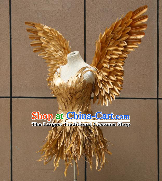Top Stage Show Costumes Samba Dance Clothing Brazilian Carnival Garments Miami Catwalks Golden Feather Dress with Wings
