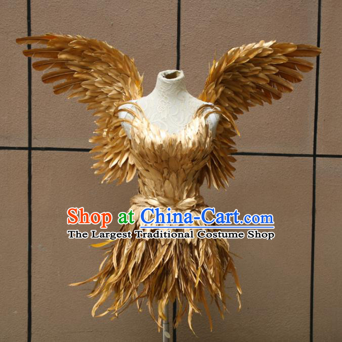Top Stage Show Costumes Samba Dance Clothing Brazilian Carnival Garments Miami Catwalks Golden Feather Dress with Wings