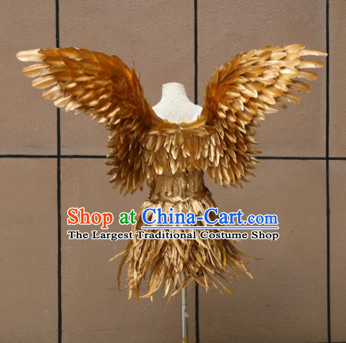 Top Stage Show Costumes Samba Dance Clothing Brazilian Carnival Garments Miami Catwalks Golden Feather Dress with Wings