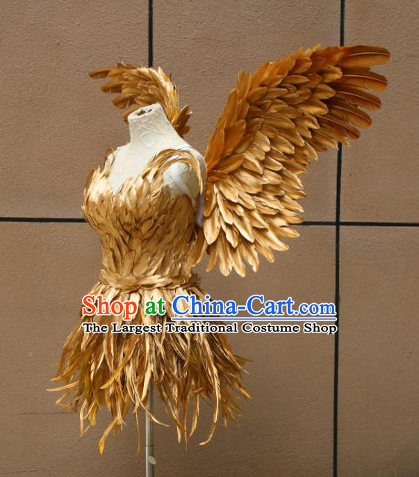 Top Stage Show Costumes Samba Dance Clothing Brazilian Carnival Garments Miami Catwalks Golden Feather Dress with Wings