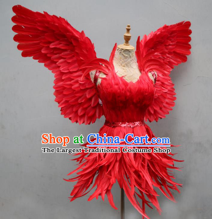 Top Samba Dance Red Feather Dress with Wings Miami Catwalks Costumes Stage Show Clothing Brazilian Carnival Garments