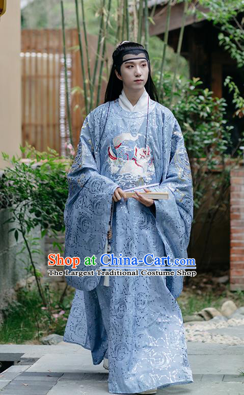 China Ancient Young Childe Garment Costumes Ming Dynasty Royal Prince Historical Clothing Traditional Swordsman Blue Hanfu Robe