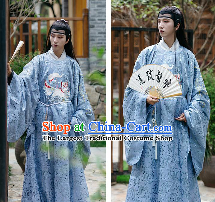 China Ancient Young Childe Garment Costumes Ming Dynasty Royal Prince Historical Clothing Traditional Swordsman Blue Hanfu Robe