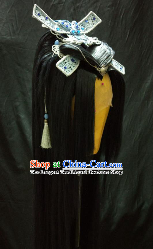 Handmade China Cosplay Swordsman Hairpieces Traditional Puppet Show Young Knight Headdress Ancient Kawaler Black Wigs and Hair Crown