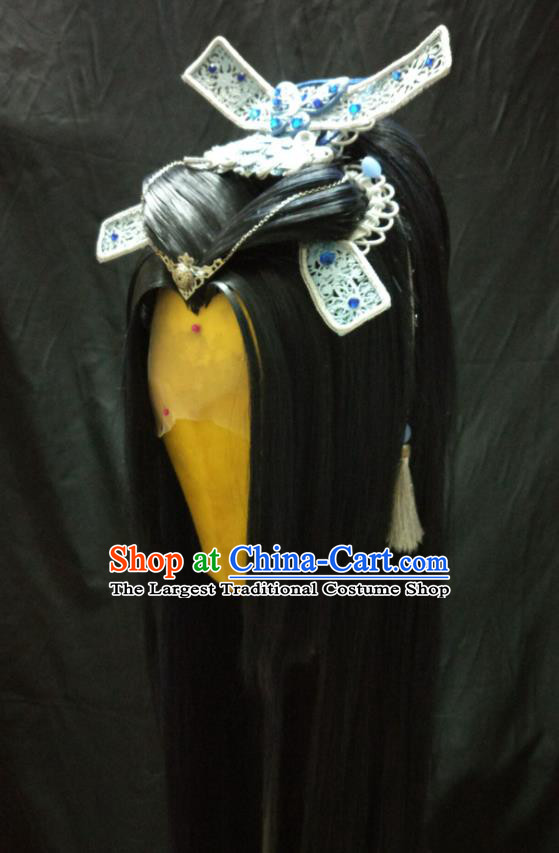 Handmade China Cosplay Swordsman Hairpieces Traditional Puppet Show Young Knight Headdress Ancient Kawaler Black Wigs and Hair Crown