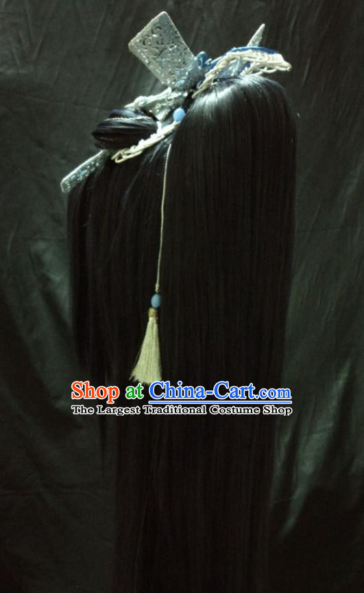 Handmade China Cosplay Swordsman Hairpieces Traditional Puppet Show Young Knight Headdress Ancient Kawaler Black Wigs and Hair Crown