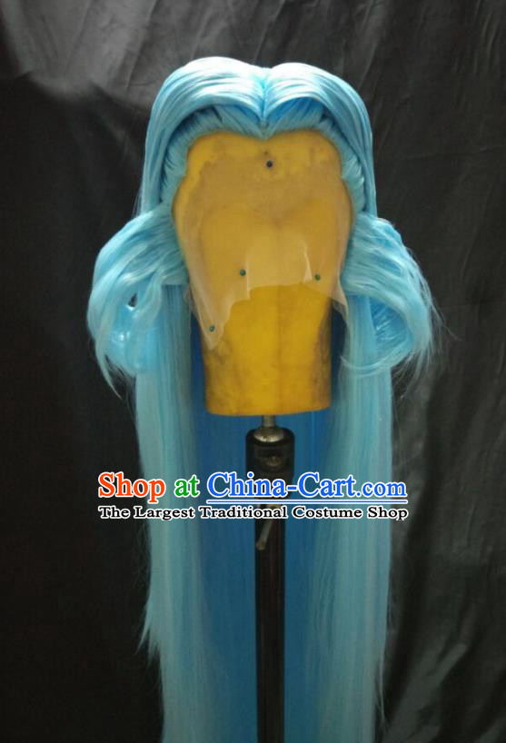 Handmade China Ancient Kawaler Blue Wigs Cosplay Swordsman Hairpieces Traditional Puppet Show Elderly Knight Headdress