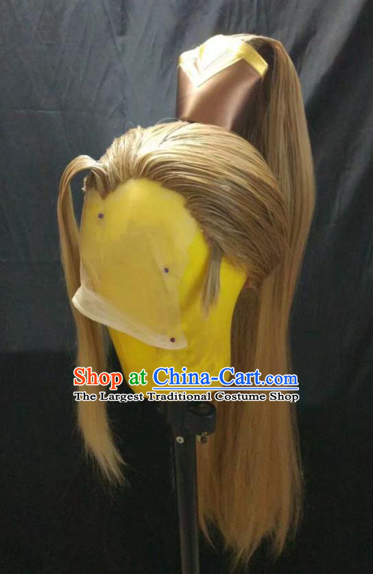 Handmade China Ancient Swordsman Yellow Wigs and Hair Crown Cosplay Young Knight Hairpieces Traditional Honor of Kings Han Xin Headdress