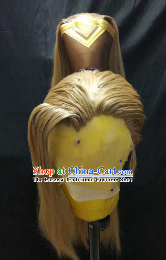 Handmade China Ancient Swordsman Yellow Wigs and Hair Crown Cosplay Young Knight Hairpieces Traditional Honor of Kings Han Xin Headdress