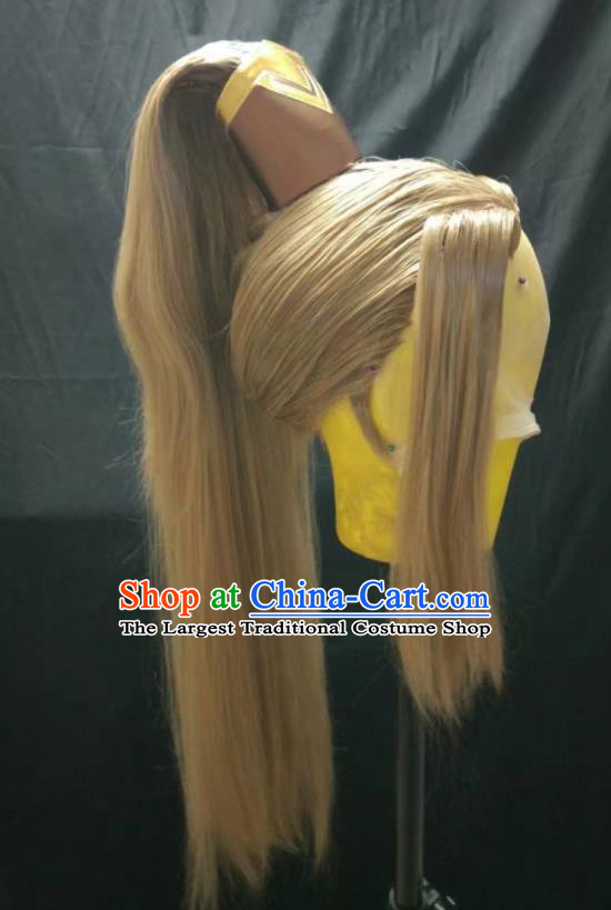 Handmade China Ancient Swordsman Yellow Wigs and Hair Crown Cosplay Young Knight Hairpieces Traditional Honor of Kings Han Xin Headdress