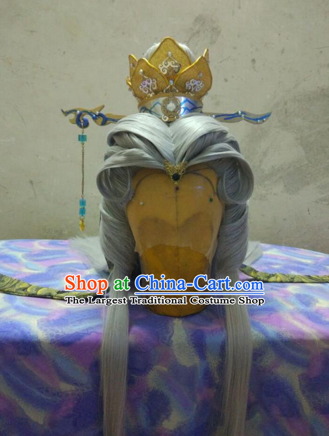 Handmade China Ancient Swordsman Gray Wigs and Lotus Hair Crown Cosplay Taoist Priest Hairpieces Traditional Puppet Show Su Huanzhen Headdress