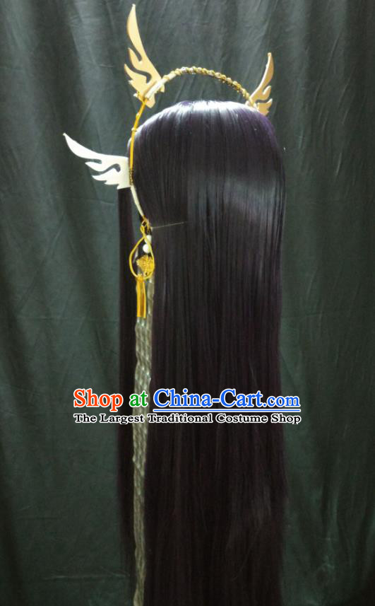Handmade China Traditional Puppet Show Emperor Headdress Ancient Swordsman Purple Wigs and Hair Crown Cosplay Heaven Lord Hairpieces