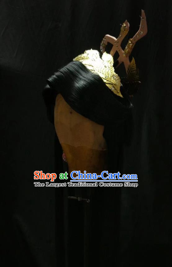 Chinese Ancient Heroine Hairpieces Cosplay Fairy Hair Accessories Traditional Puppet Show Princess Han Yancui Black Wigs and Hair Crown