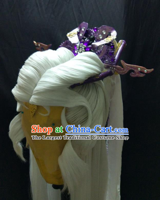 Chinese Traditional Puppet Show Goddess White Wigs and Hair Crown Ancient Imperial Concubine Hairpieces Cosplay Swordswoman Hair Accessories