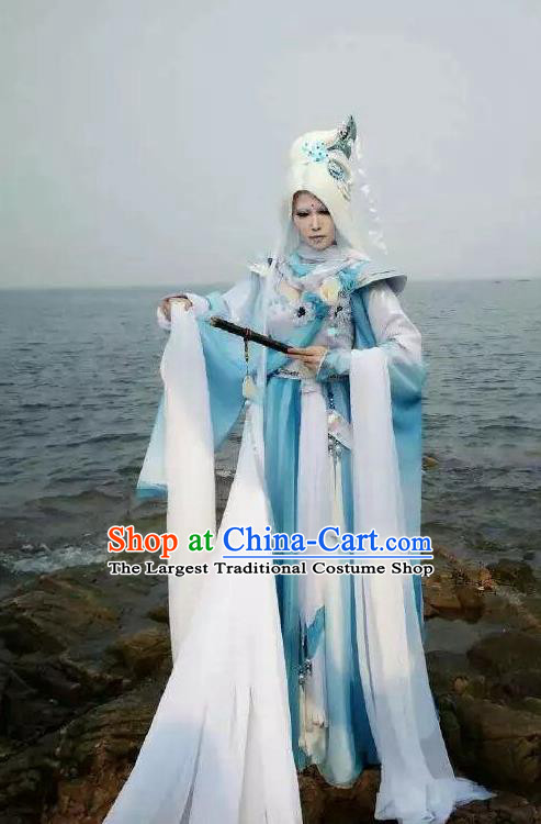 Chinese Puppet Show Swordsman Garment Costumes Ancient Taoist Priest Blue Robe Uniforms Traditional Cosplay Immortal Clothing