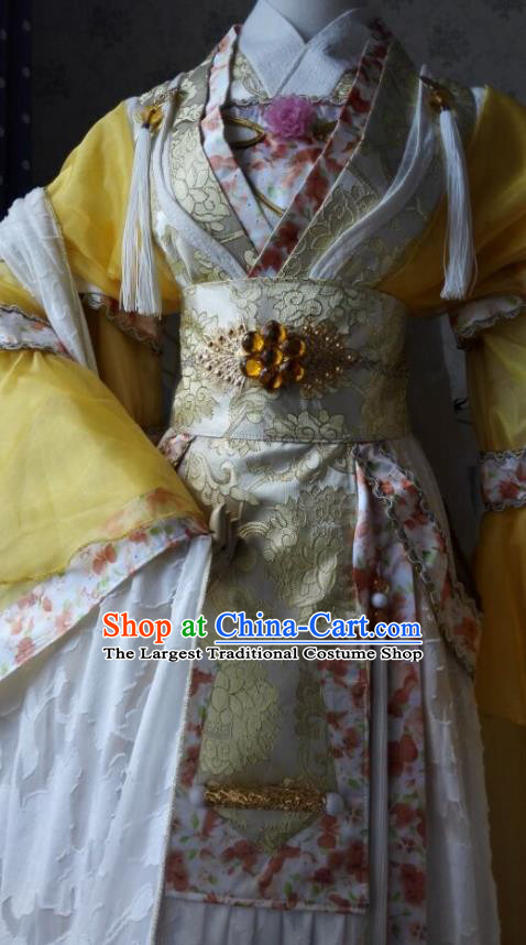China Ancient Queen Clothing Cosplay Fairy Princess Yellow Dress Outfits Traditional Puppet Show Empress Feng Cailing Garment Costumes