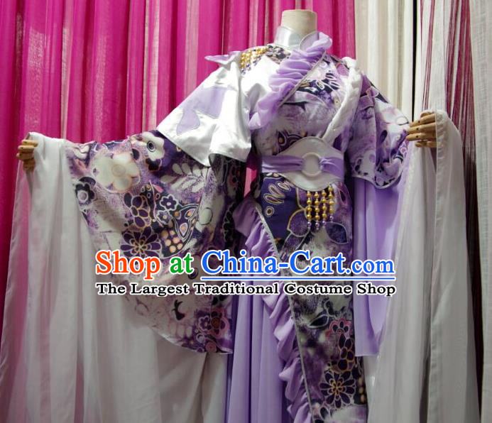 China Traditional Puppet Show Princess Feng Die Garment Costumes Ancient Swordswoman Clothing Cosplay Fairy Purple Dress Outfits