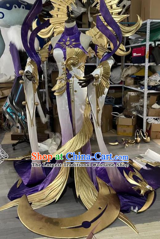 Top Traditional Empress Wu Zetian Clothing Cosplay Queen Purple Trailing Dress Game Character Honor of Kings Swordswoman Garment Costume