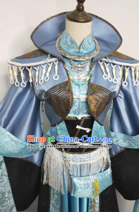 China Cosplay Young Beauty Blue Dress Outfits Traditional Puppet Show Swordswoman Garment Costumes Ancient Queen Clothing