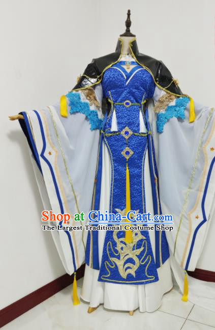 China Traditional Thunderbolt Fantasy Empress Garment Costumes Ancient Queen Clothing Cosplay Fairy Princess Royalblue Dress Outfits
