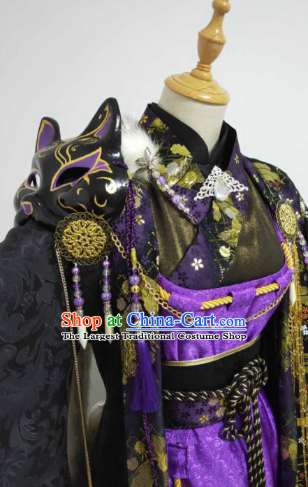 China Ancient Imperial Concubine Clothing Cosplay Queen Purple Dress Outfits Traditional Puppet Show Swordswoman Garment Costumes