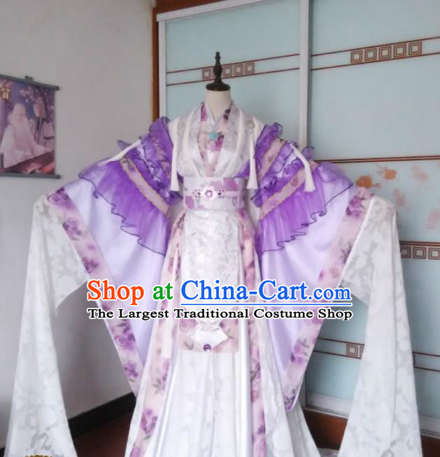 China Traditional Puppet Show Feng Cailing Garment Costumes Ancient Empress Clothing Cosplay Queen Water Sleeve Purple Dress Outfits