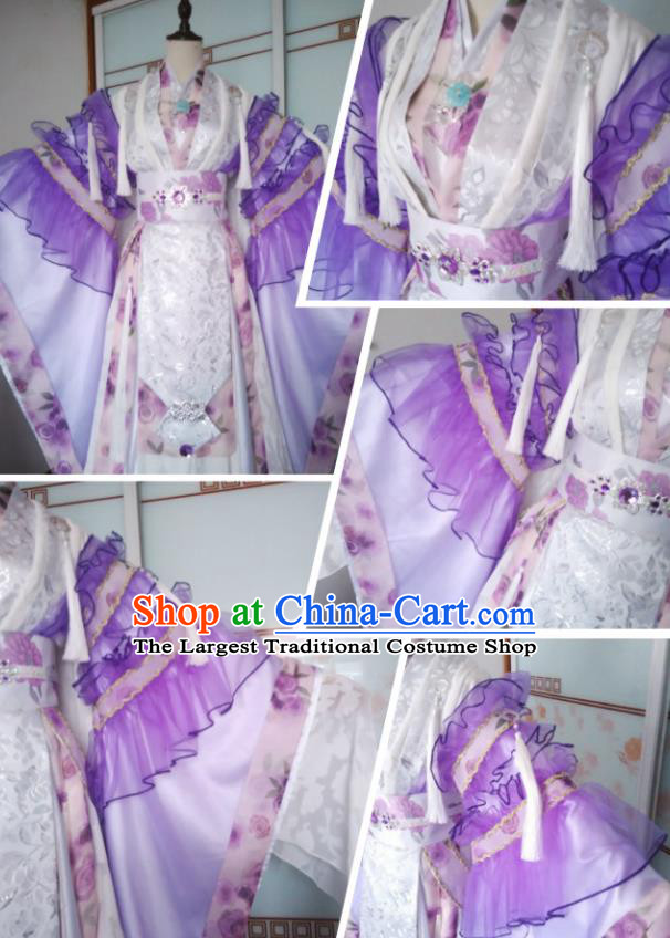 China Traditional Puppet Show Feng Cailing Garment Costumes Ancient Empress Clothing Cosplay Queen Water Sleeve Purple Dress Outfits