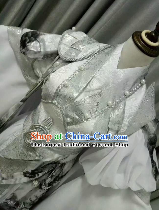 Chinese Ancient Taoist Priest White Uniforms Traditional Cosplay Swordsman Clothing Puppet Show Royal Prince Garment Costumes