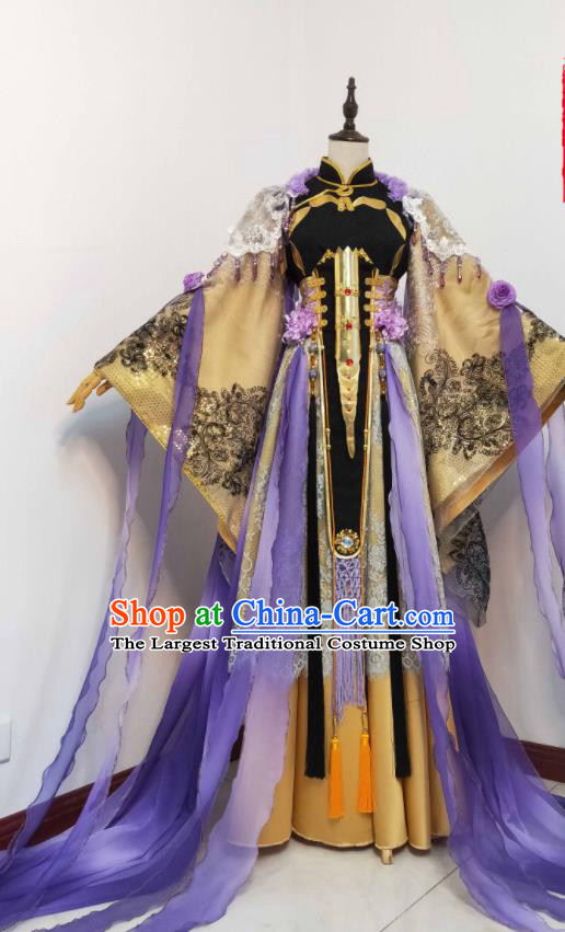 China Ancient Empress Clothing Cosplay Goddess Purple Dress Outfits Traditional Puppet Show Queen Xie Yingluo Garment Costumes