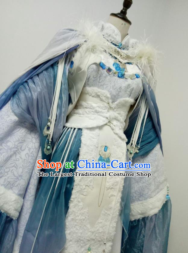China Traditional Puppet Show Queen Ji Wuxia Garment Costumes Ancient Empress Clothing Cosplay Goddess Blue Dress Outfits