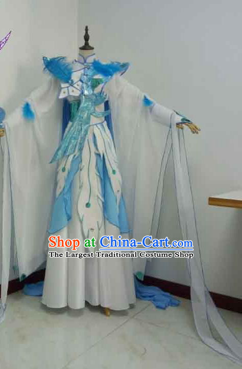 China Cosplay Bird Fairy Blue Dress Outfits Traditional Puppet Show Princess Garment Costumes Ancient Goddess Clothing