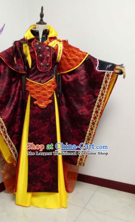 Chinese Ancient Monarch Wine Red Robe Uniforms Traditional Cosplay Swordsman King Clothing Puppet Show Chivalrous Emperor Garment Costumes