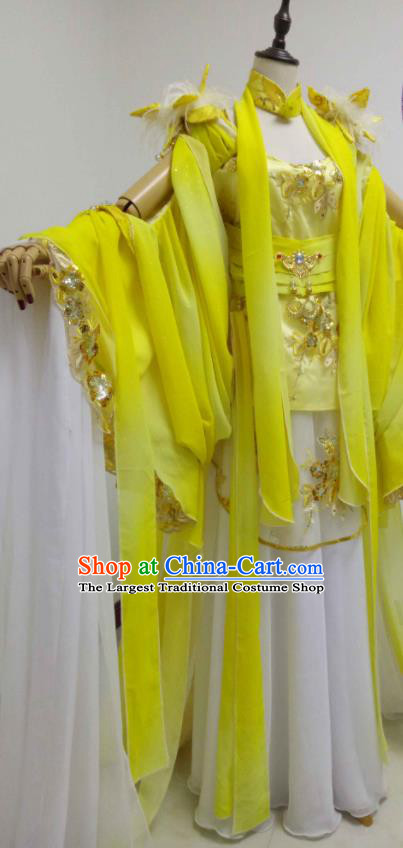 China Traditional Puppet Show Geng Qiulu Garment Costumes Ancient Goddess Clothing Cosplay Fairy Princess Yellow Dress Outfits