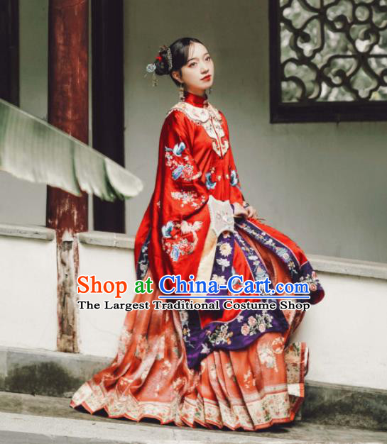 China Qing Dynasty Bride Garment Costumes Traditional Wedding Historical Clothing Ancient Nobility Woman Red Dress Attires