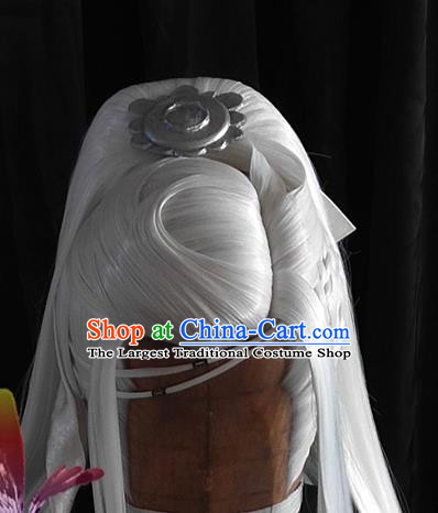 Handmade China Cosplay Taoist Priest White Wigs and Hair Crown Traditional Puppet Show Bie Xiaolou Headdress Ancient Swordsman Hair Accessories