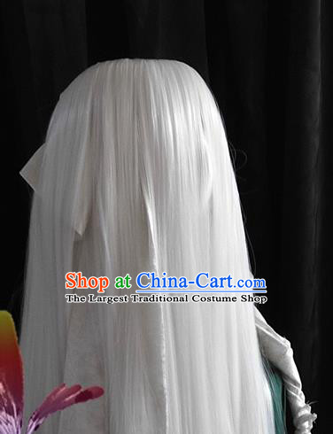 Handmade China Cosplay Taoist Priest White Wigs and Hair Crown Traditional Puppet Show Bie Xiaolou Headdress Ancient Swordsman Hair Accessories