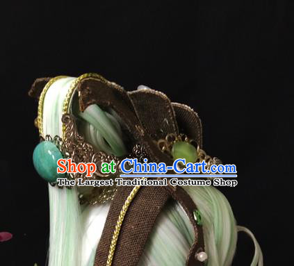 Handmade China Ancient Swordsman Hair Accessories Cosplay Taoist Priest Light Green Wigs and Hair Crown Traditional Puppet Show Mo Cangli Headdress