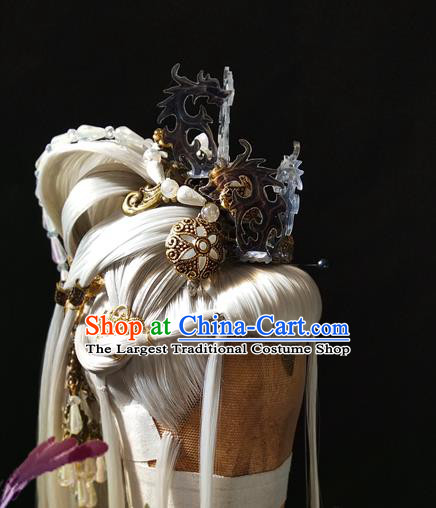 Handmade China Traditional Puppet Show Mo Qingchi Headdress Ancient Swordsman Hair Accessories Cosplay Taoist Priest White Wigs and Hair Crown