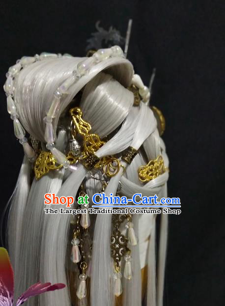 Handmade China Traditional Puppet Show Mo Qingchi Headdress Ancient Swordsman Hair Accessories Cosplay Taoist Priest White Wigs and Hair Crown